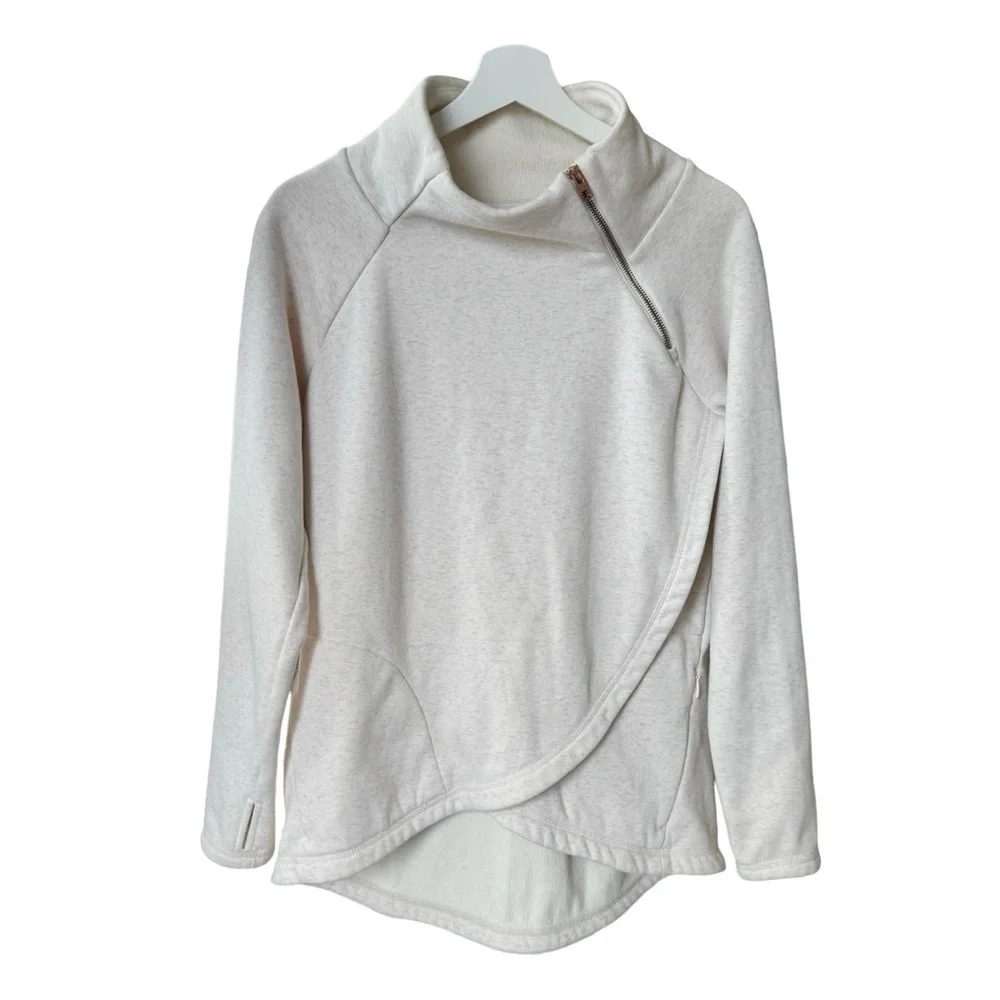 Athleta Cozy Karma Asymmetrical Mock Neck Funnel pullover Fleece Small Oatmeal - Picture 1 of 9